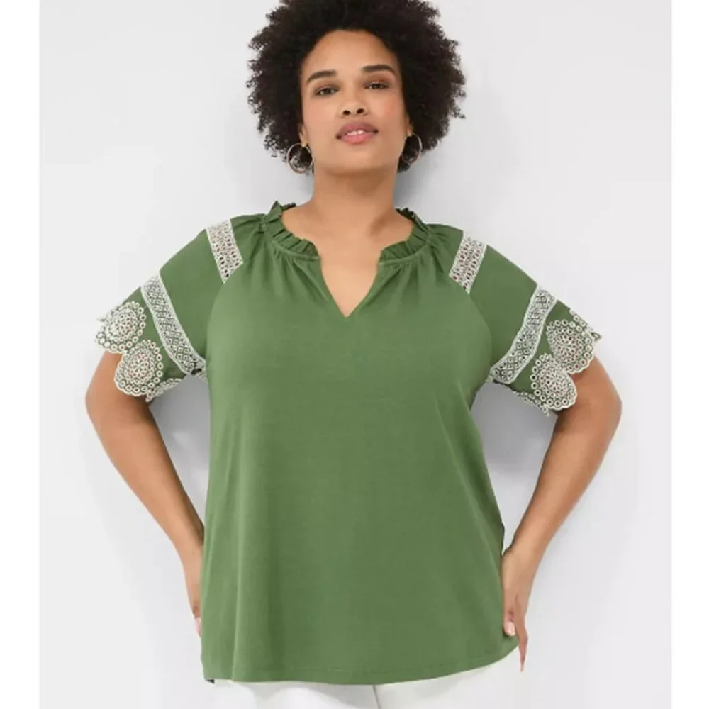 LANE BRYANT NWT Womens Size 18/20 Green Cream Eyelet Short-Sleeve Knit Top - Picture 1 of 10